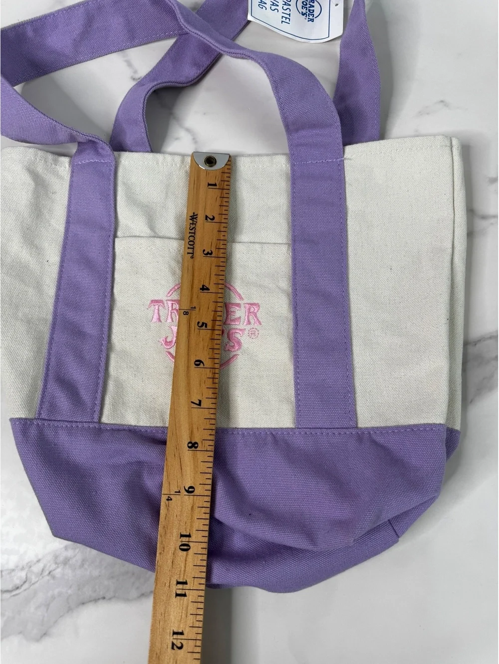 Trader Joe's Mini Pastel Canvas Tote Bag Purple Cream Pink Embroidered Logo NWT